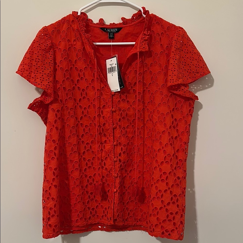 Lauren Ralph Lauren Red Flutter Sleeve Blouse gorgeous. NWT SIZE LARGE